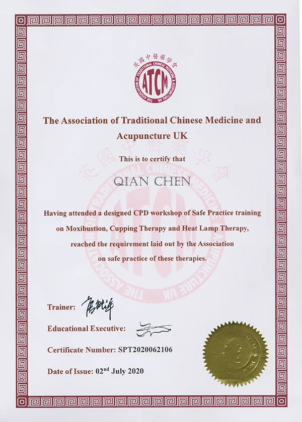 ATCM Cupping Therapy Certificate - Mrs. Qian Chen
