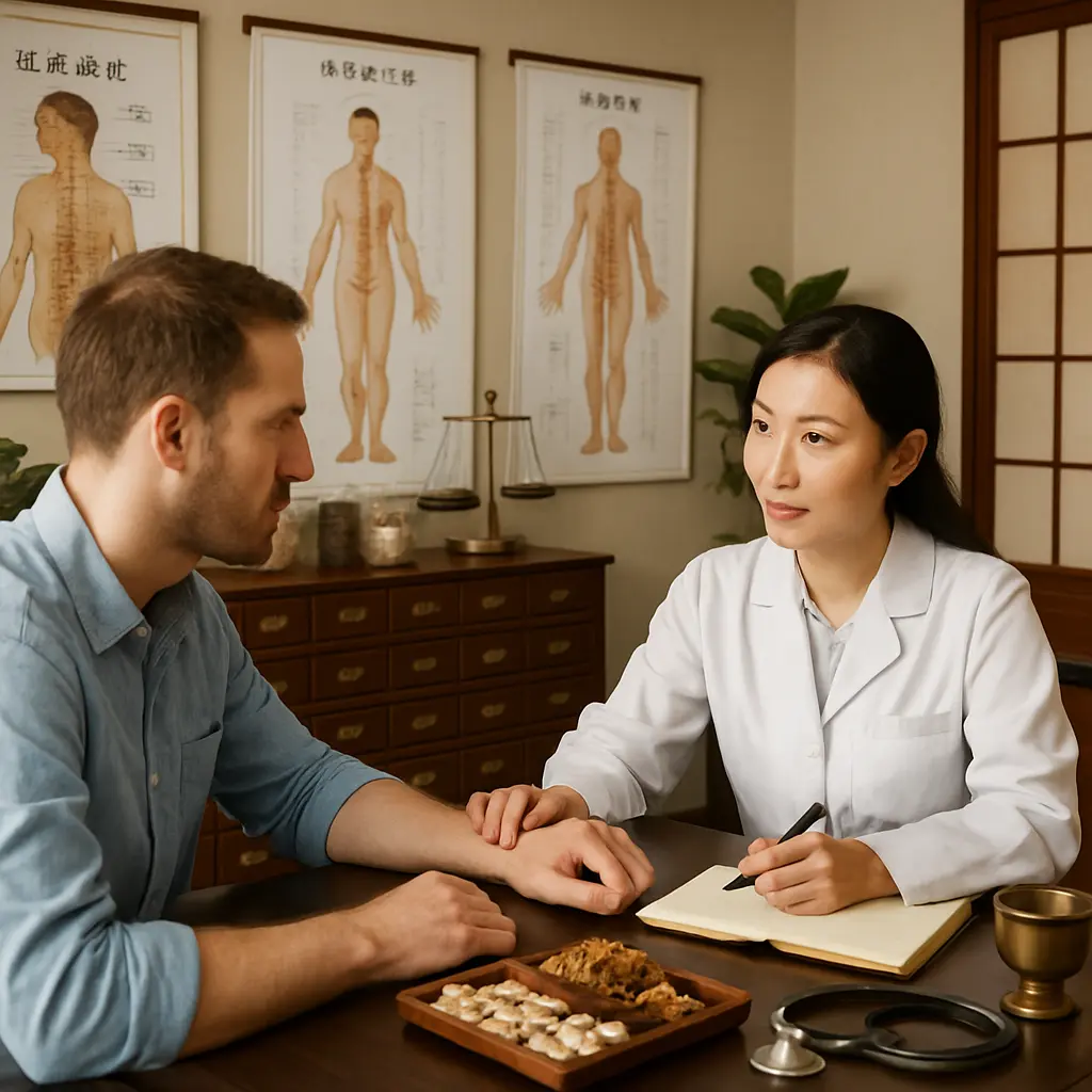 Traditional Chinese Herbal Medicine with Acupuncture Needles and Herbs